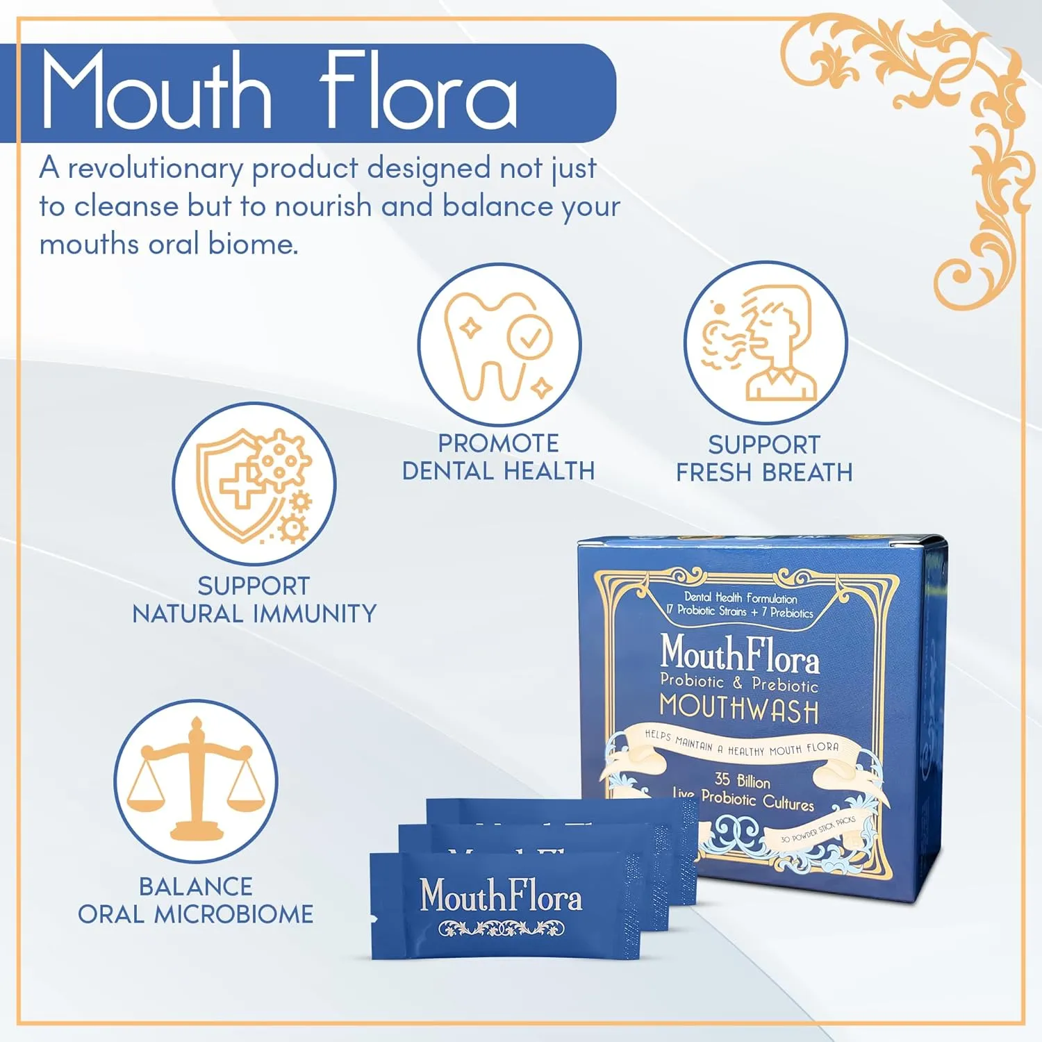 Probiotic & Prebiotic Mouthwash | Dental Health Formulation | 17 Probiotic Strains   7 Prebiotics | 35 Billion CFUs | Concentrated Powder Formulation | 30 Pack