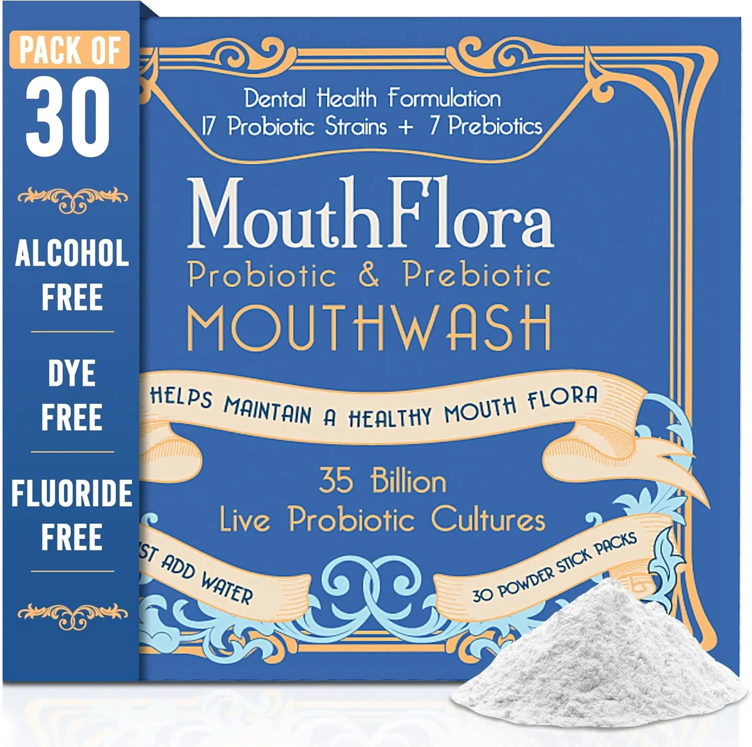Probiotic & Prebiotic Mouthwash | Dental Health Formulation | 17 Probiotic Strains   7 Prebiotics | 35 Billion CFUs | Concentrated Powder Formulation | 30 Pack