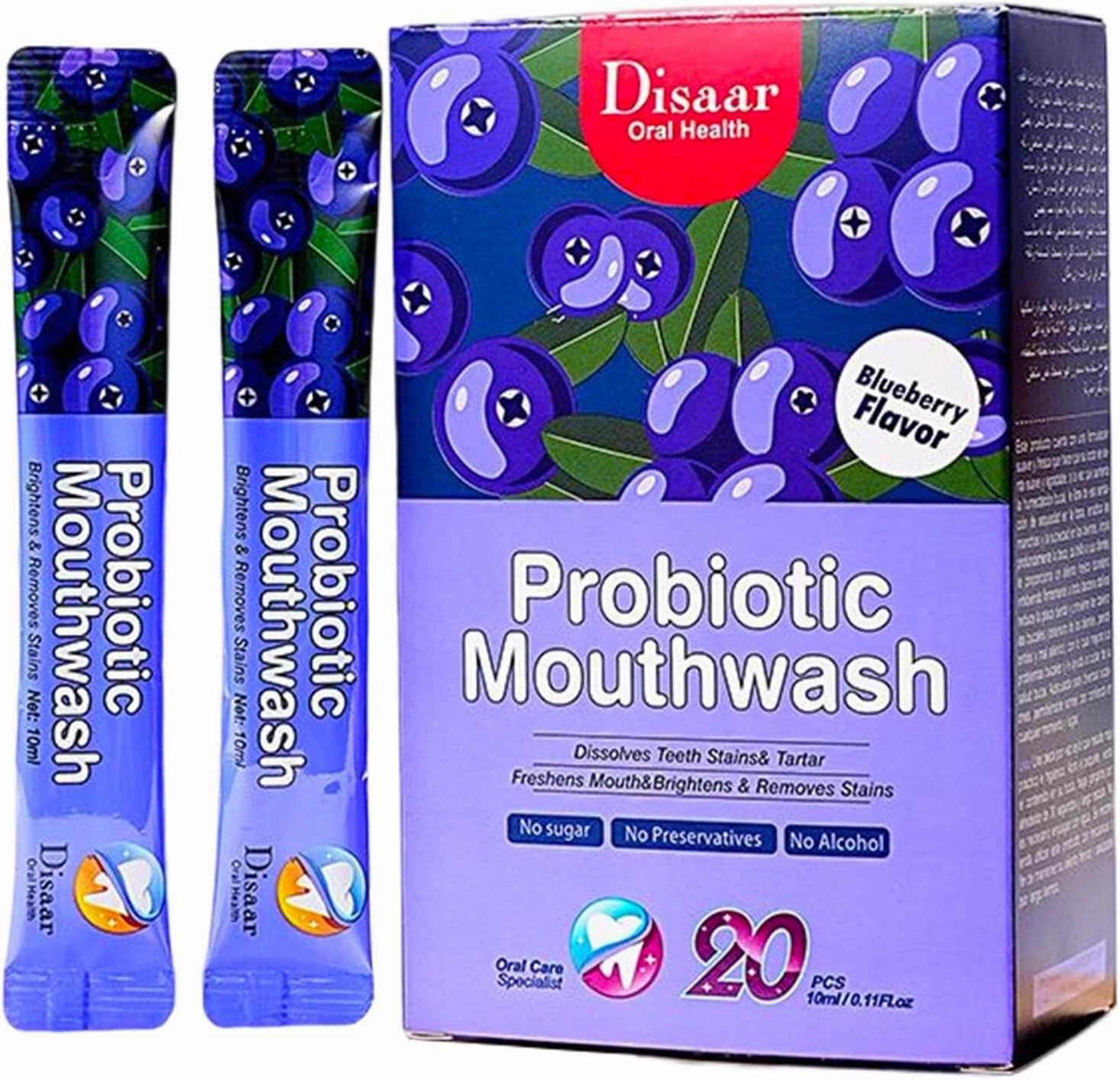 Probiotic Mouthwash Removes Tooth Stains Soft Cool Mouth Feeling Protect Clean Deodorant Teeth 0.11fl.oz X 20pcs (Blueberry - Dissolve Teeth Stains & Freshens Mouth)