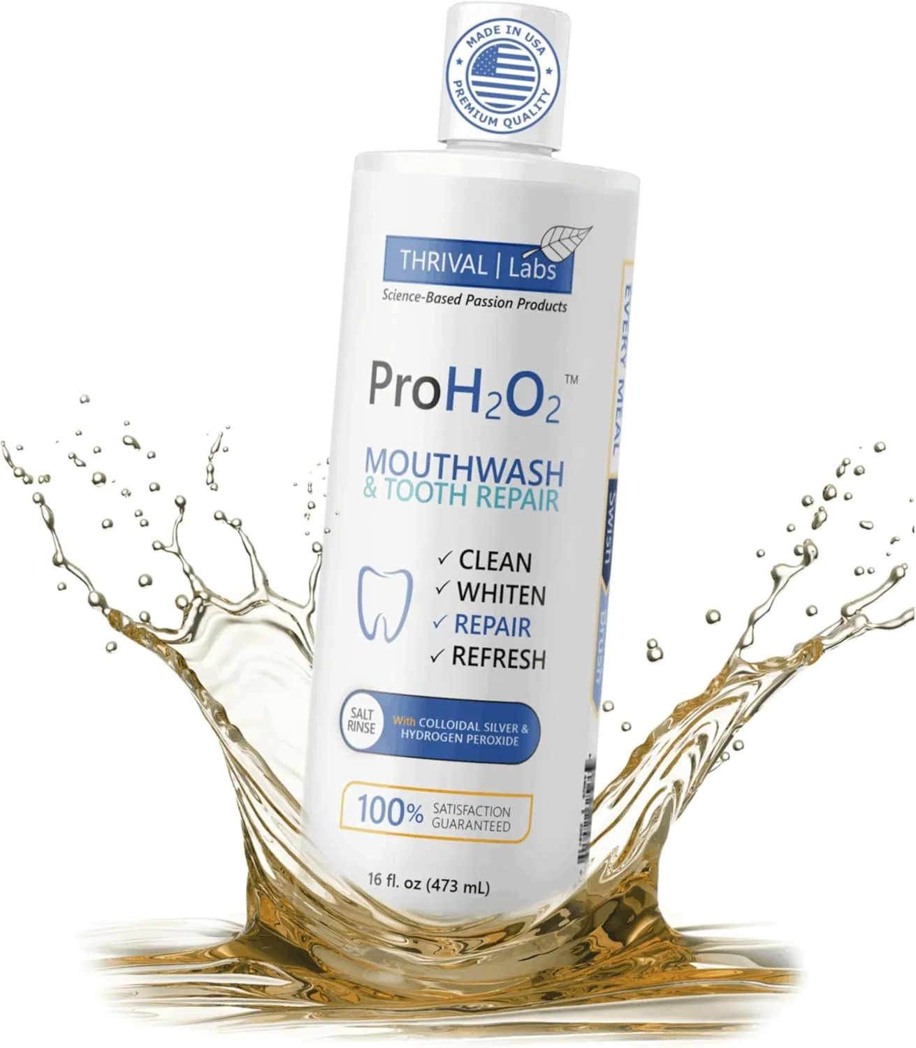 ProH2O2 Natural Mouthwash, Salt Swish, & Tooth Repair by Thrival Labs, Press Top Dispensing, 16 Fluid Ounces