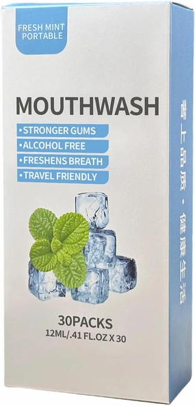 RAZOKO Mouthwash Travel Size Portable Packets to Go, Alcohol & Fluoride Free Mouthwash for Oral Hygiene, Fresh Mint, 30PCS