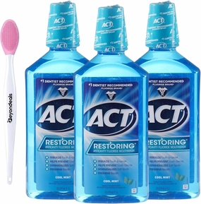 Restoring Fluoride Mouthwash, 33.8 Fl Oz, Bundled with Beyondeals Nose Cleaning Brush - Cool Mint Mouthwash Flavor, Strengthens Enamel & Prevents Cavities, Gum Care, Large Family Size (Pack of 3)