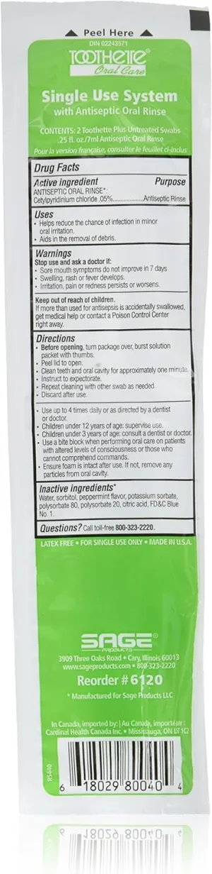Sage 61251700 Oral Swabstick Toothette Plus Foam Alcohol-free Mouthwash 6120 Box Of 50 (25 packs of 2)