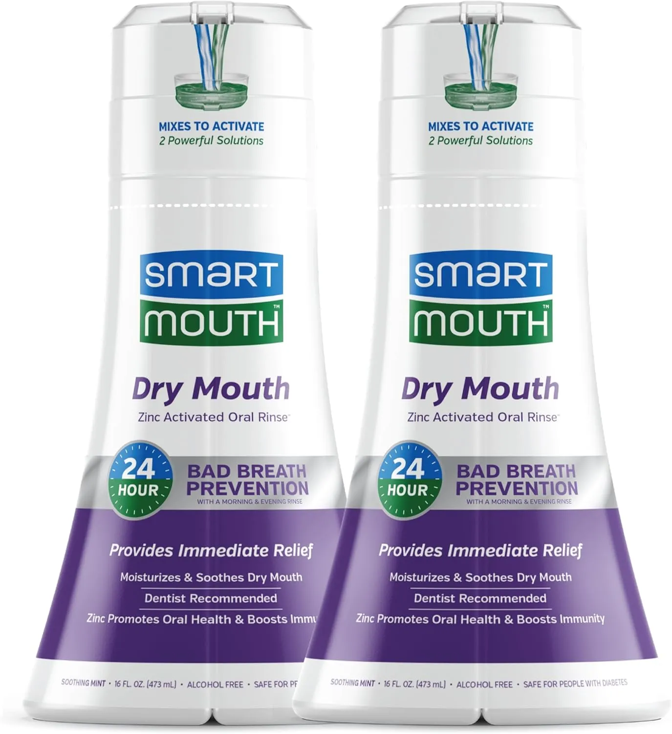 SmartMouth Activated Dry Mouth Mouthwash, Dry Mouth and Bad Breath Relief, Mint, 16 fl oz, 2 Pack