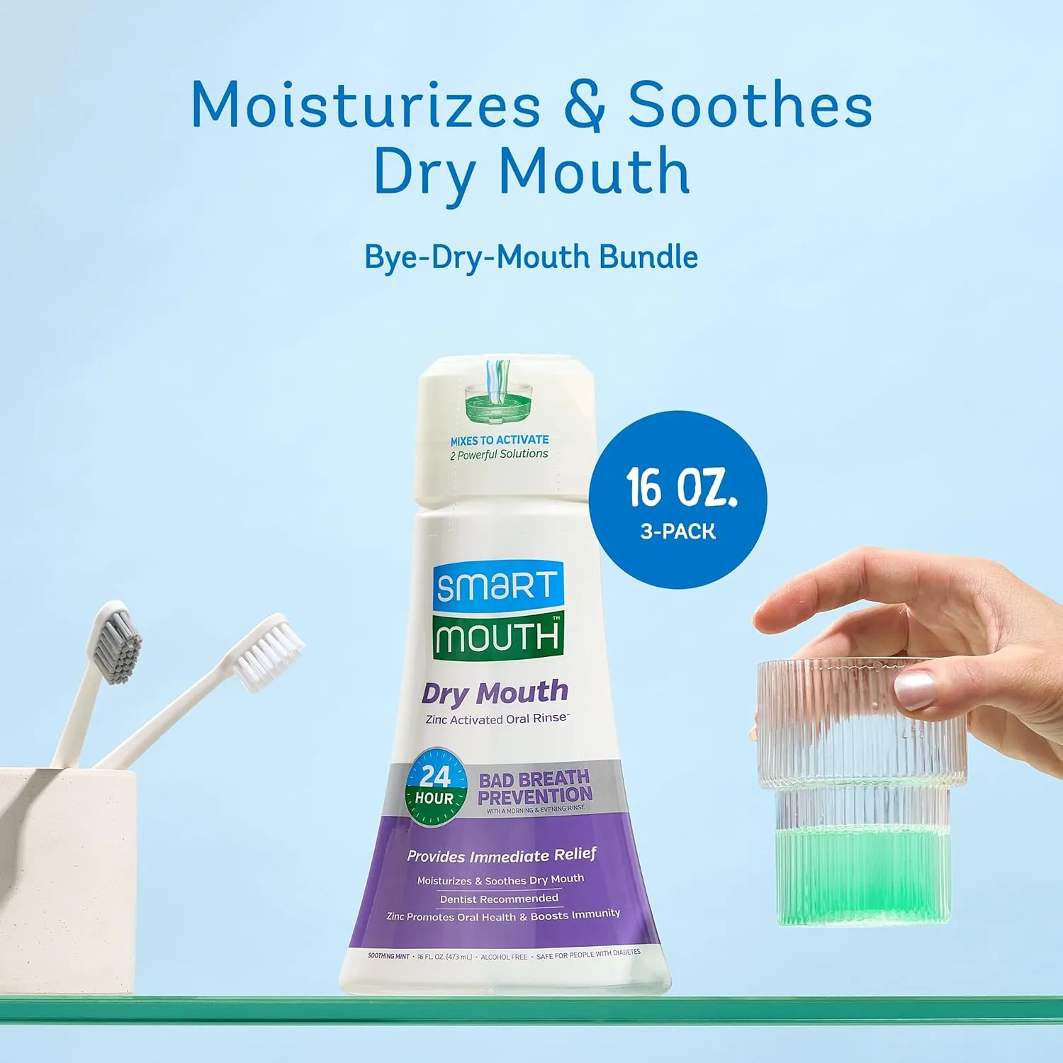 SmartMouth Activated Dry Mouth Mouthwash, Dry Mouth and Bad Breath Relief, Mint, 16 fl oz, 2 Pack