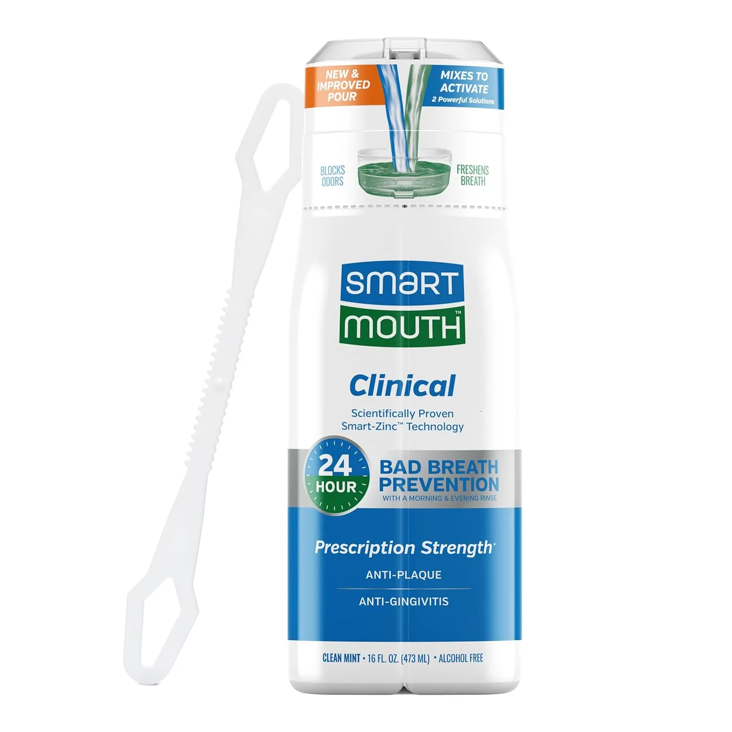 SmartMouth Clinical DDS Activated Mouthwash for 24-Hour Bad Breath Protection Plus Tongue Cleaner, 16 Fluid Ounce