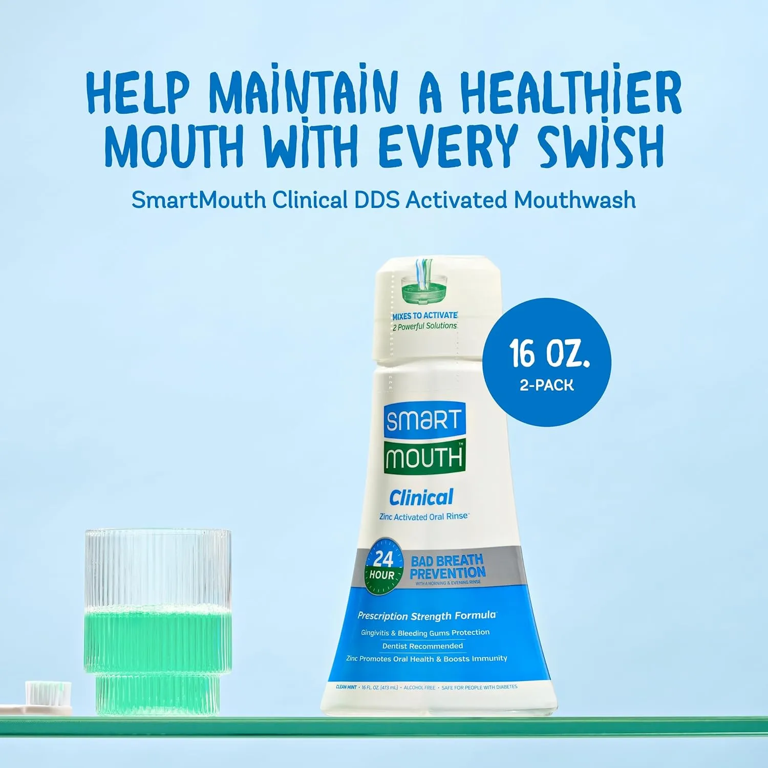 SmartMouth DDS Activated Clinical Mouthwash - for Fresh Breath - Clinical Strength Mouthwash for Gum Health, Gingivitis & More - Clean Mint Flavor, 16 fl oz (2 Pack)