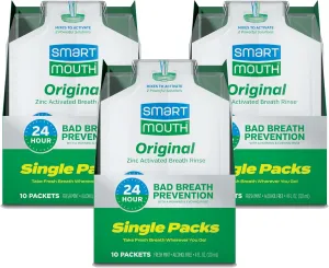 SmartMouth Original Activated Mouthwash - Adult Mouthwash for Fresh Breath - Oral Rinse for 24-Hour Bad Breath Relief with Twice Daily Use - Fresh Mint Flavor - 0.4 Fl Oz (30 Travel Packs)
