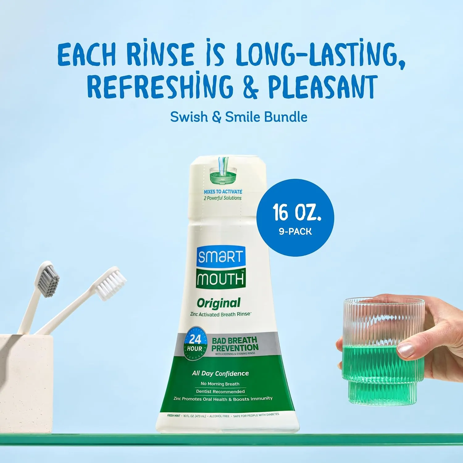 SmartMouth Original Activated Mouthwash - Adult Mouthwash for Fresh Breath - Oral Rinse for 24-Hour Bad Breath Relief with Twice Daily Use - Fresh Mint Flavor, 16 fl oz (9 Pack)