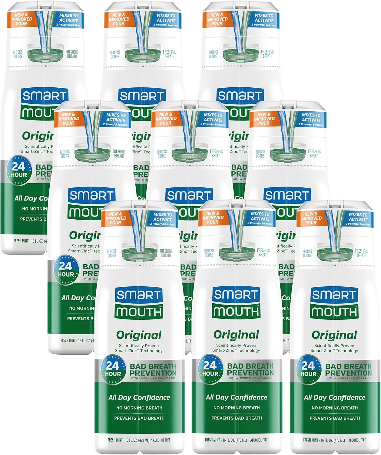 SmartMouth Original Activated Mouthwash - Adult Mouthwash for Fresh Breath - Oral Rinse for 24-Hour Bad Breath Relief with Twice Daily Use - Fresh Mint Flavor, 16 fl oz (9 Pack)
