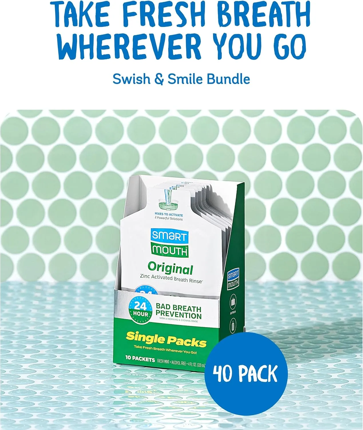 SmartMouth Original Activated Mouthwash Single Packs, Travel Mouthwash, Fresh Mint, 40 Pack