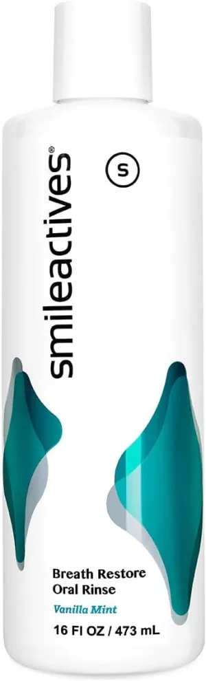 Smileactives Breath Restore Oral Rinse, Adults Mouthwash for Bad Breath and Gum Health, Promotes Oral Care, Healthy Mouth and Long Lasting Fresh Breath, Sugar and Alcohol-Free, Vanilla Mint, 16 fl oz