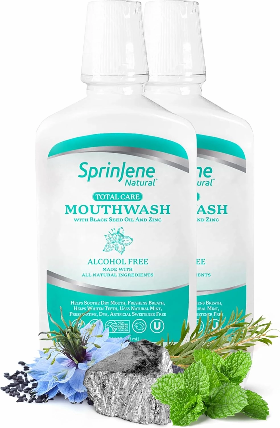 SprinJene Fluoride Free Mouthwash Alcohol Free for Fresh Breath Gum Health Dry Mouth Whitening Teeth w/Black Seed Oil, Zinc, Xylitol –All Natural Vegan Gluten Free Kosher Halal SLS Free& Non Toxic-2PK