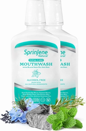 SprinJene Fluoride Free Mouthwash Alcohol Free for Fresh Breath Gum Health Dry Mouth Whitening Teeth w/Black Seed Oil, Zinc, Xylitol –All Natural Vegan Gluten Free Kosher Halal SLS Free& Non Toxic-2PK