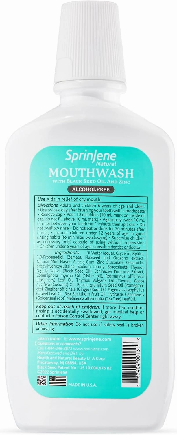 SprinJene Fluoride Free Mouthwash Alcohol Free for Fresh Breath Gum Health Dry Mouth Whitening Teeth w/Black Seed Oil, Zinc, Xylitol –All Natural Vegan Gluten Free Kosher Halal SLS Free& Non Toxic-2PK
