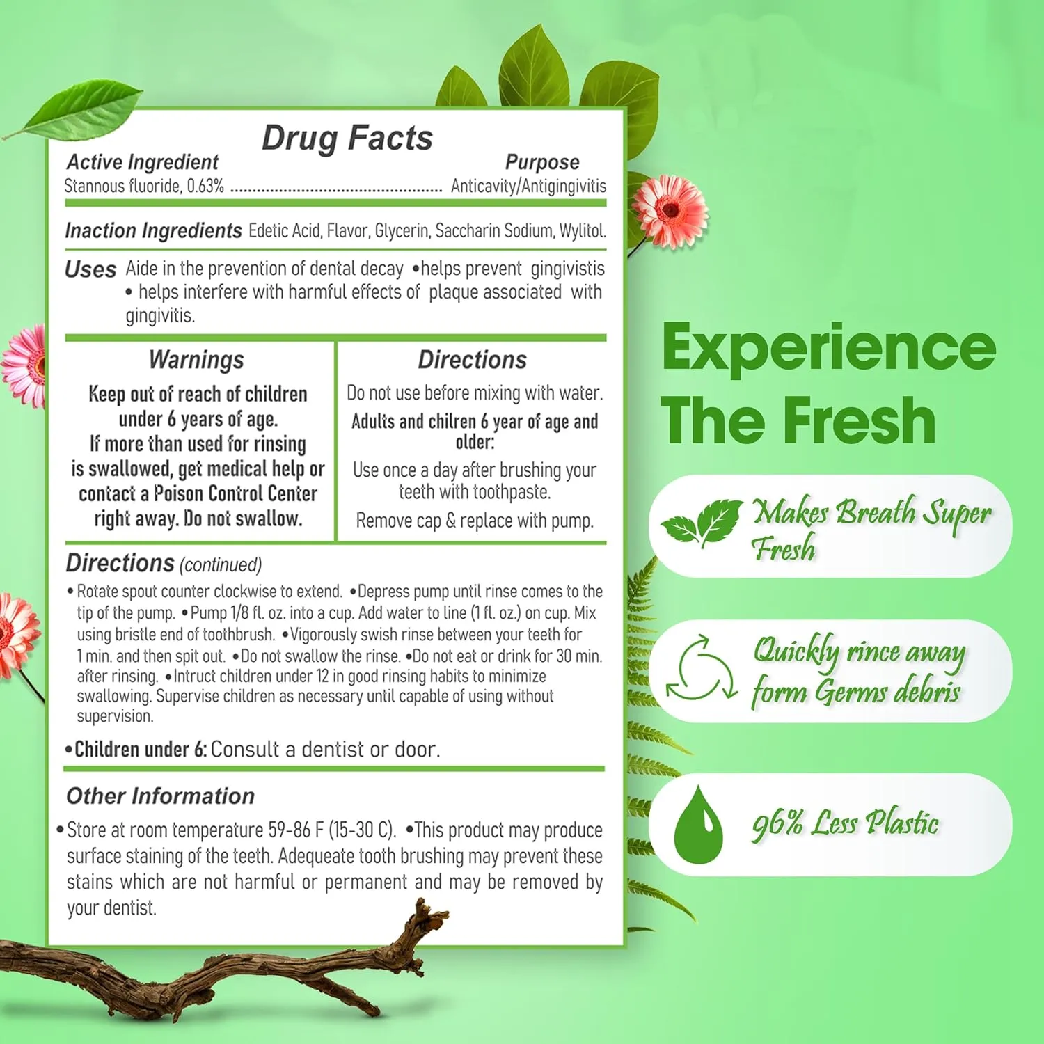 Stannous Fluoride Mouthwash - 10 Fl. Oz. 0.63% Antimicrobial Perio Rinse - Alcohol Free, Dye Free, Paraben Free - Refreshing Spearmint Flavor