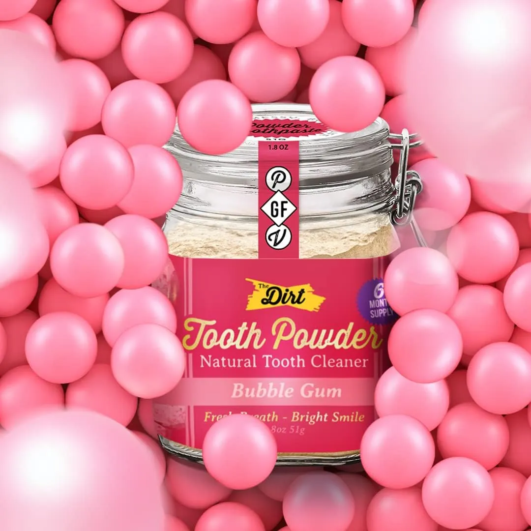 The Dirt - Remineralizing Tooth Powder, Natural Fluoride-Free Teeth Whitening Powder with Hydroxyapatite, Flouride & Gluten Free, Organic Vegan (Bubble Gum, 51g: 6 Month Supply)