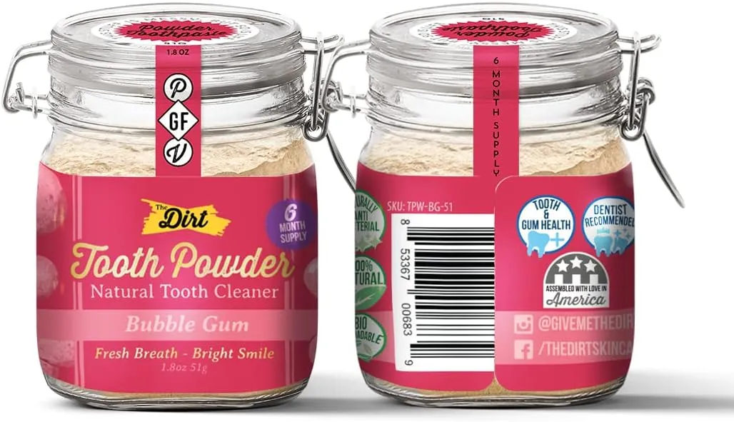 The Dirt - Remineralizing Tooth Powder, Natural Fluoride-Free Teeth Whitening Powder with Hydroxyapatite, Flouride & Gluten Free, Organic Vegan (Bubble Gum, 51g: 6 Month Supply)