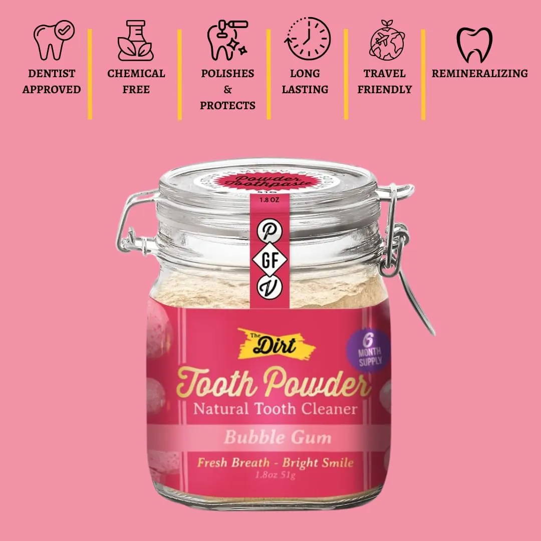 The Dirt - Remineralizing Tooth Powder, Natural Fluoride-Free Teeth Whitening Powder with Hydroxyapatite, Flouride & Gluten Free, Organic Vegan (Bubble Gum, 51g: 6 Month Supply)