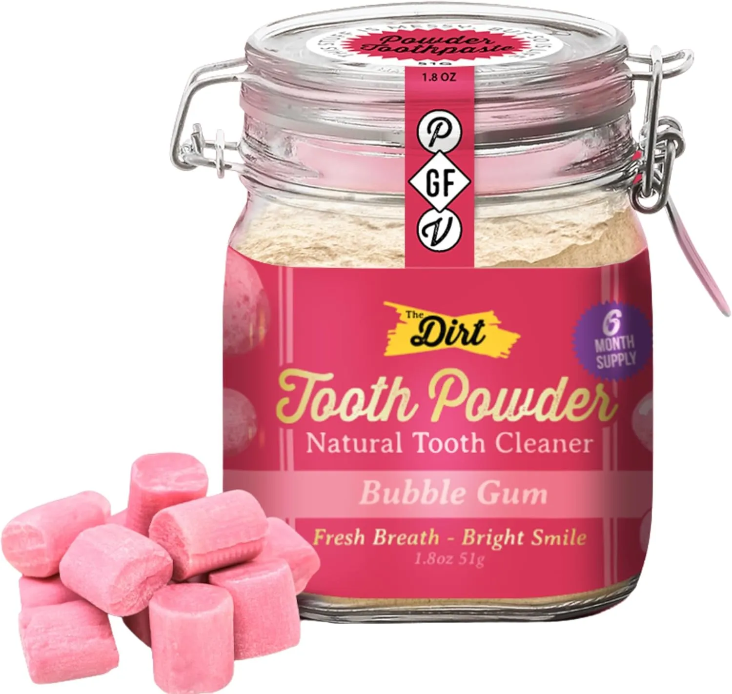 The Dirt - Remineralizing Tooth Powder, Natural Fluoride-Free Teeth Whitening Powder with Hydroxyapatite, Flouride & Gluten Free, Organic Vegan (Bubble Gum, 51g: 6 Month Supply)