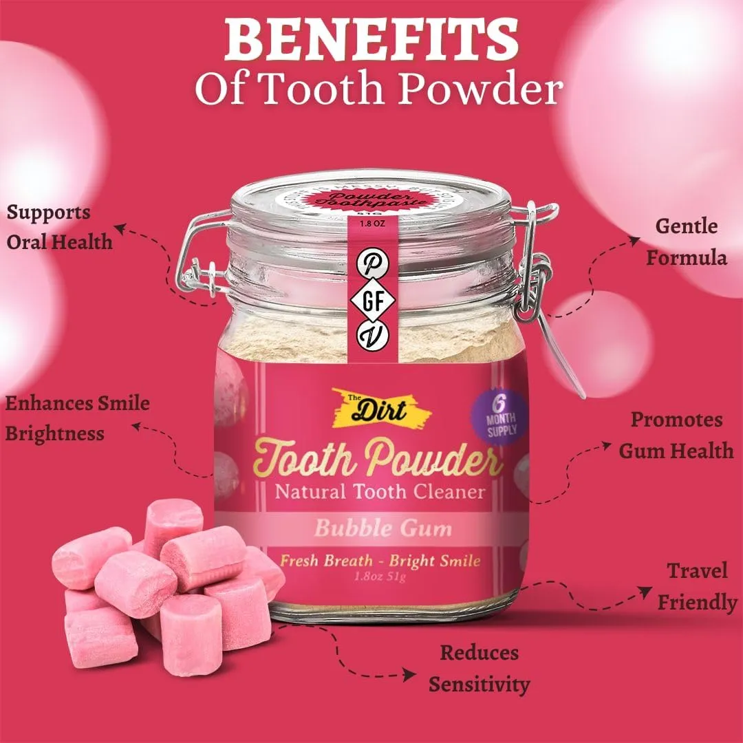 The Dirt - Remineralizing Tooth Powder, Natural Fluoride-Free Teeth Whitening Powder with Hydroxyapatite, Flouride & Gluten Free, Organic Vegan (Bubble Gum, 51g: 6 Month Supply)