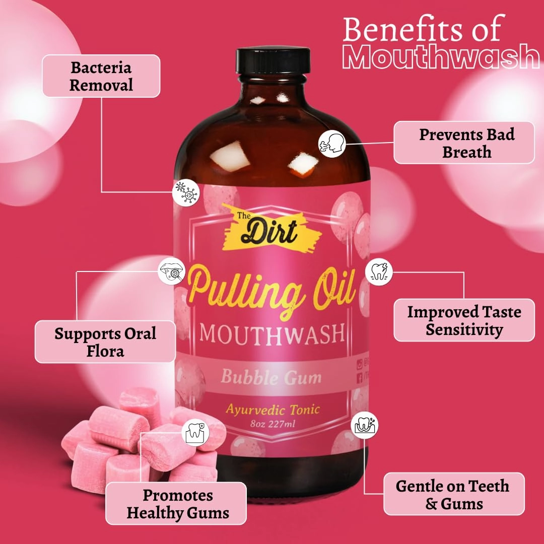 THE DIRT Oil Pulling Mouthwash - Gluten Free - Removes Plaque, Tartar, Bad Breath & Whitens Teeth (Bubblegum, 8 Ounce)