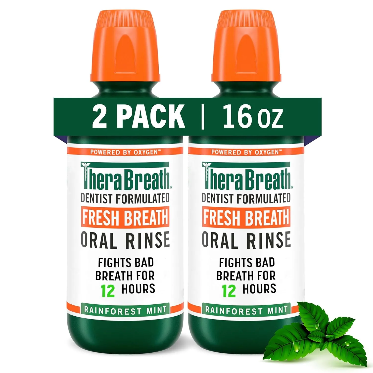 TheraBreath Fresh Breath Mouthwash, Rainforest Mint, Alcohol-Free, 16 Fl Oz (2-Pack)