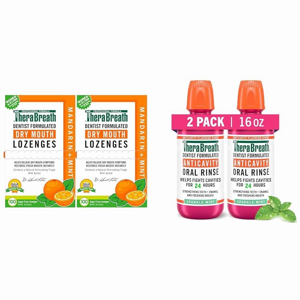 TheraBreath Dry Mouth Lozenges with Zinc 100 Count (2 Packs) & Anticavity Fluoride Mouthwash 16 oz (2 Packs)