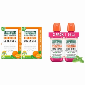 TheraBreath Dry Mouth Lozenges with Zinc 100 Count (2 Packs) & Anticavity Fluoride Mouthwash 16 oz (2 Packs)