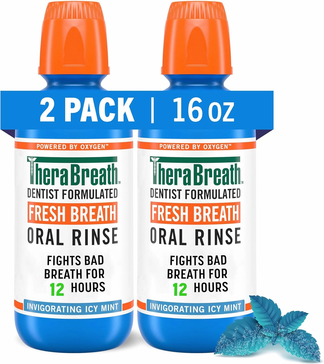 TheraBreath Fresh Breath Mouthwash 2-Packs, Rainforest Mint & ICY Mint Flavors, Alcohol-Free, 16 Fl Oz