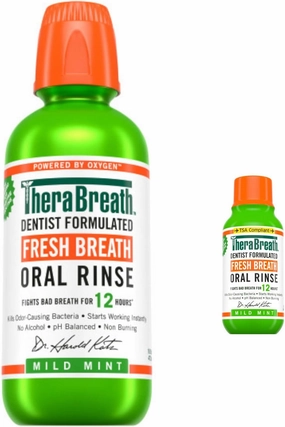 TheraBreath Fresh Breath Mouthwash, Mild Mint, Alcohol-Free, 16 fl oz   Travel Size, 3 fl oz