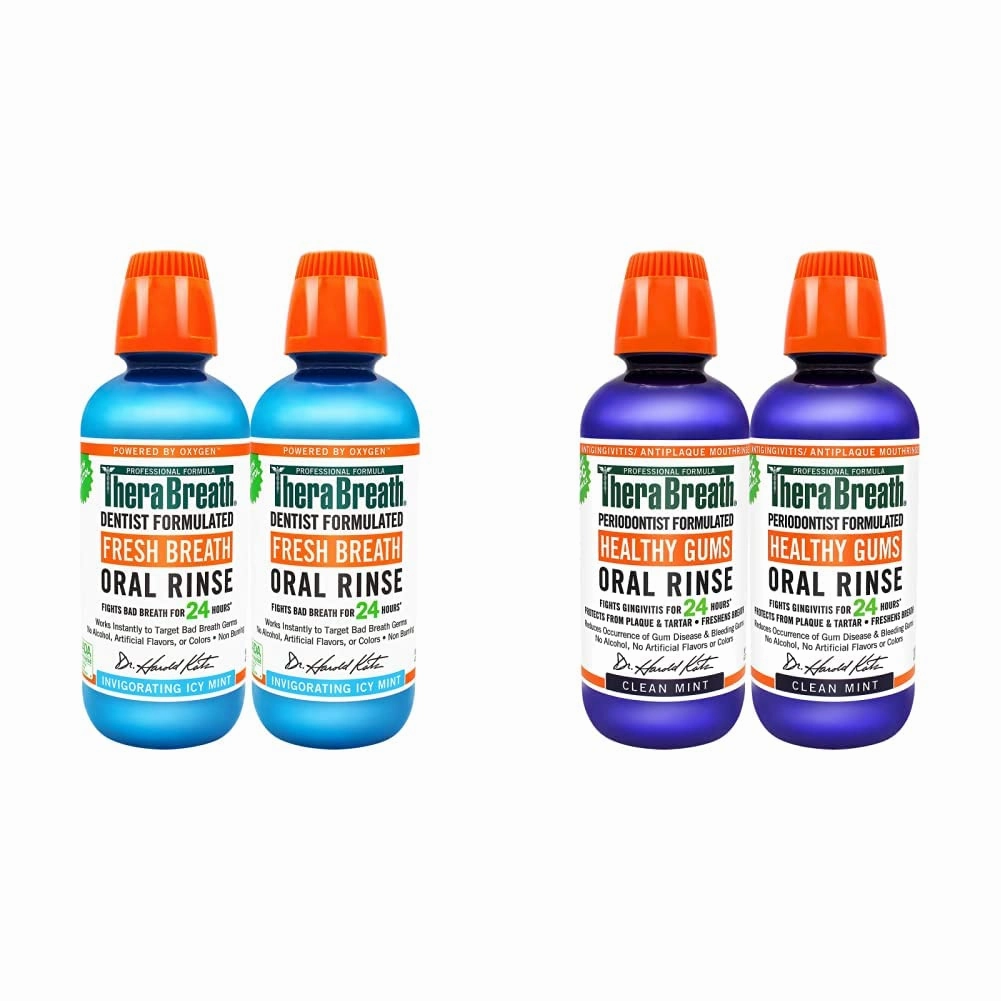 TheraBreath Fresh Breath Oral Rinse, ICY Mint, 16 Ounce Bottle (Pack of 2) and 24 Hour Healthy Gums Periodontist Formulated Oral Rinse, 16 Ounce (Pack of 2)