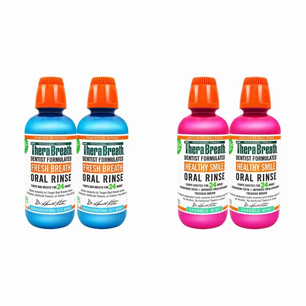 TheraBreath Fresh Breath Oral Rinse, ICY Mint, 16 Ounce Bottle (Pack of 2) and 24 Hour Healthy Smile Dentist Formulated Oral Rinse, 16 Ounce (Pack of 2)