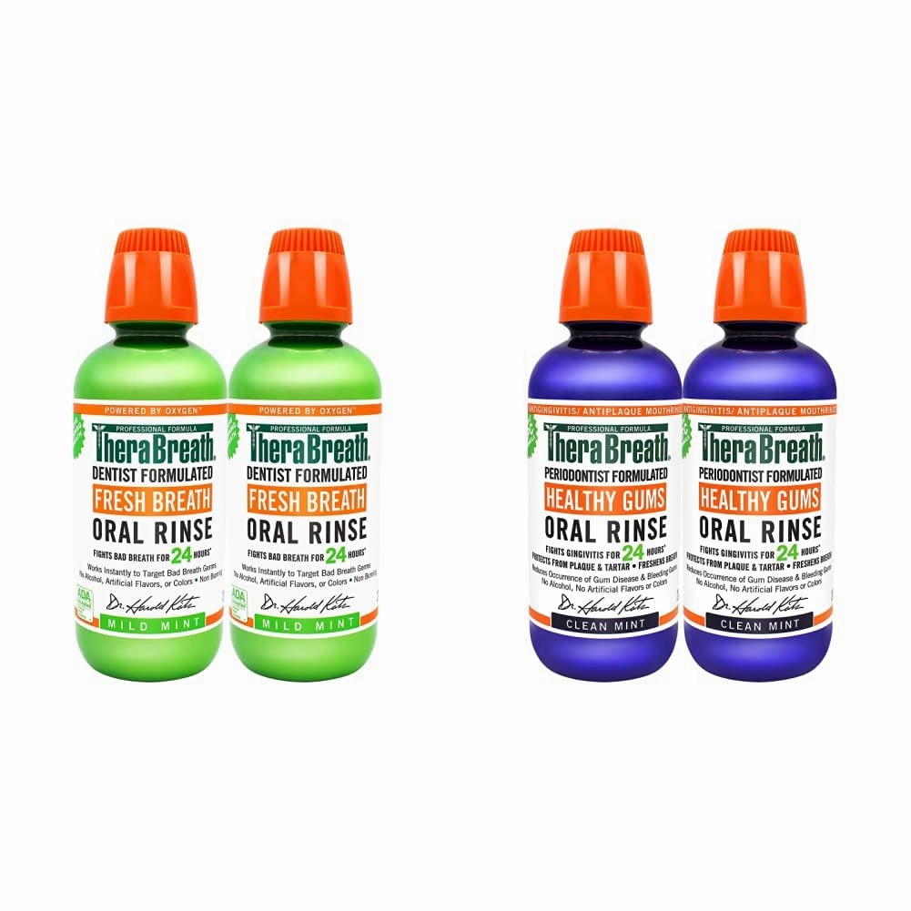 TheraBreath Fresh Breath Oral Rinse, Mild Mint, 16 Ounce Bottle (Pack of 2) and 24 Hour Healthy Gums Periodontist Formulated Oral Rinse, 16 Ounce (Pack of 2)