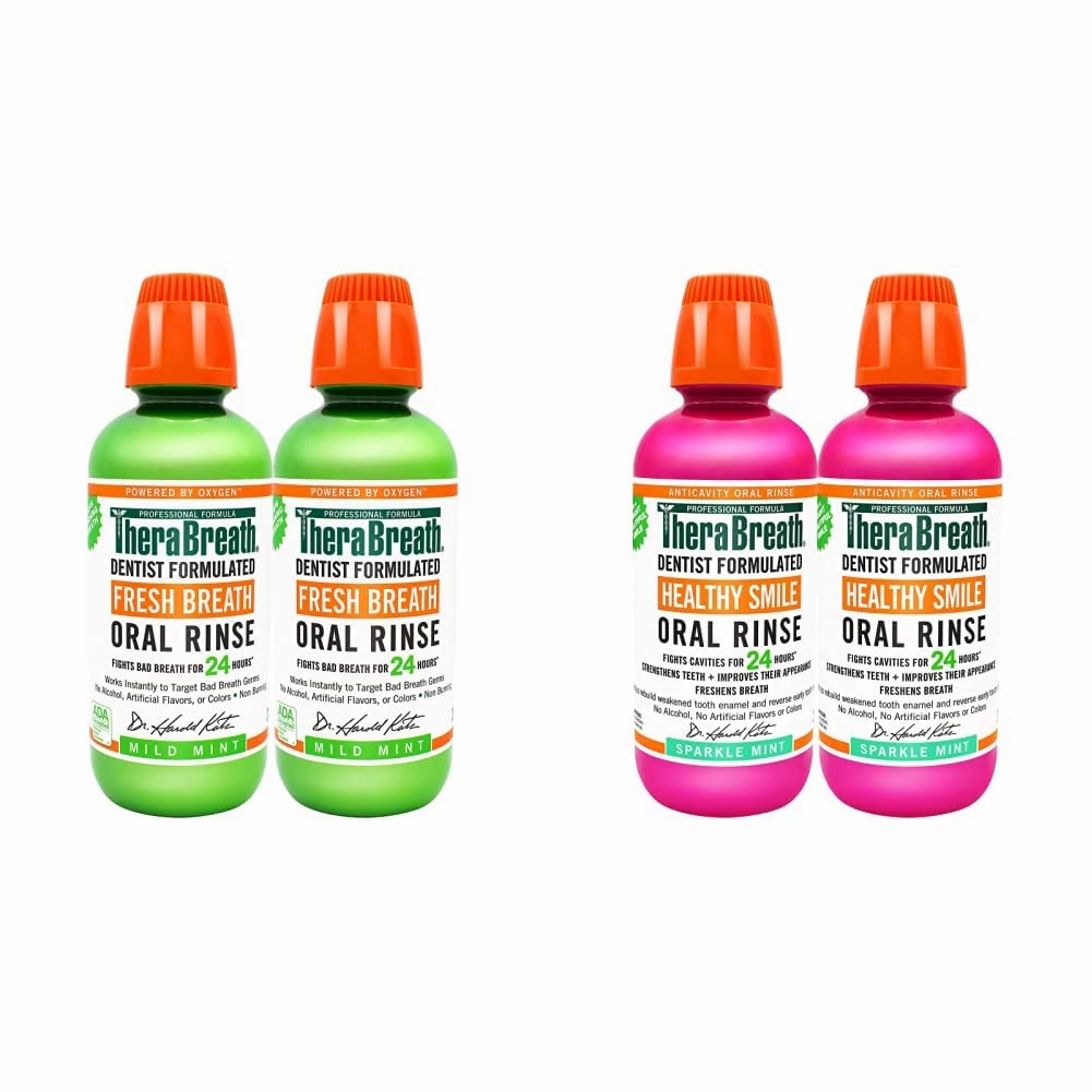 TheraBreath Fresh Breath Oral Rinse, Mild Mint, 16 Ounce Bottle (Pack of 2) and 24 Hour Healthy Smile Dentist Formulated Oral Rinse, 16 Ounce (Pack of 2)