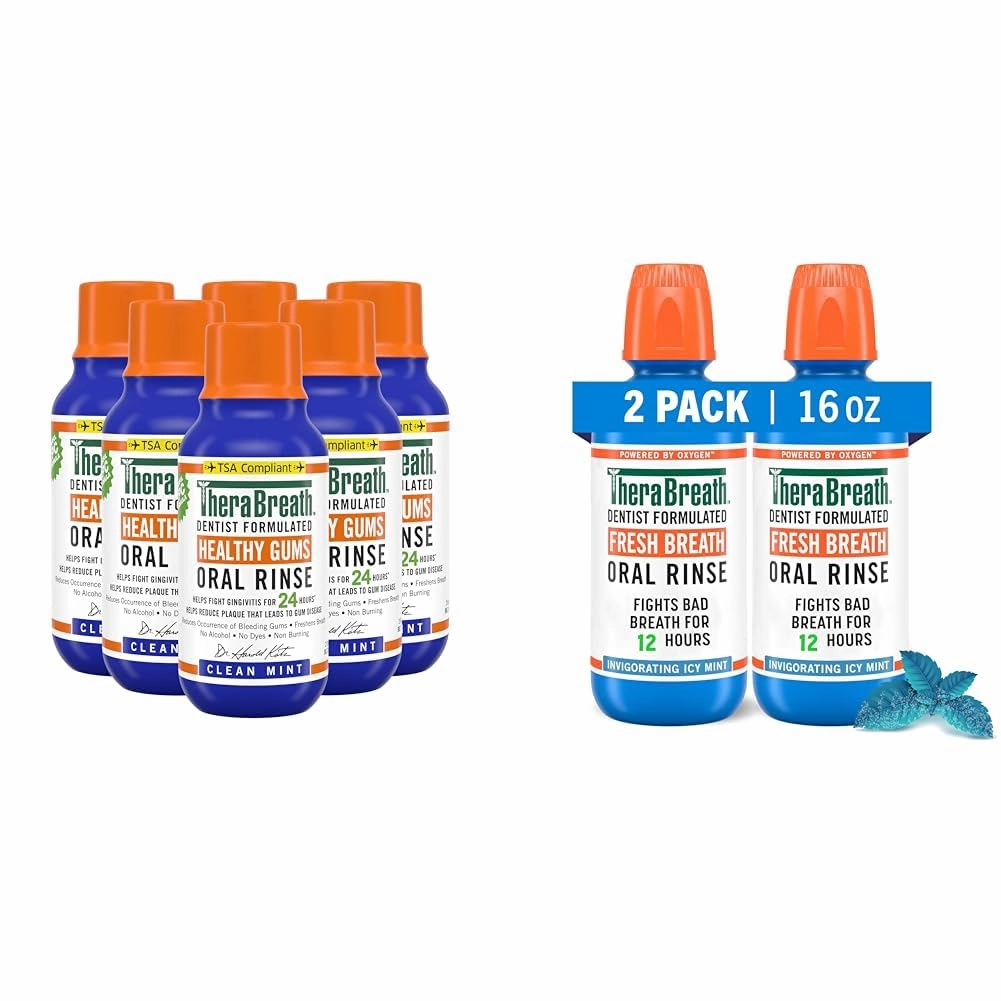TheraBreath Healthy Gums 24-Hour Oral Rinse (Pack of 6) and Fresh Breath Alcohol-Free Mouthwash (Pack of 2) Bundle