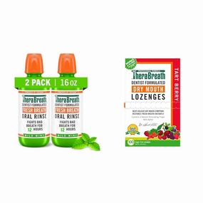 TheraBreath Mouthwash & Dry Mouth Lozenges Bundle - Mild Mint Alcohol-Free Oral Rinse (2 Pack 16 Fl Oz)   Tart Berry Zinc Lozenges for Dry Mouth (100 Count)