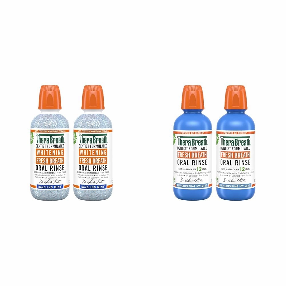 TheraBreath Whitening Mouthwash, Dazzling Mint, Dentist Formulated, 16 Fl Oz (2-Pack) & Fresh Breath Mouthwash, Icy Mint Flavor, Alcohol-Free, 16 Fl Oz (Pack of 2)