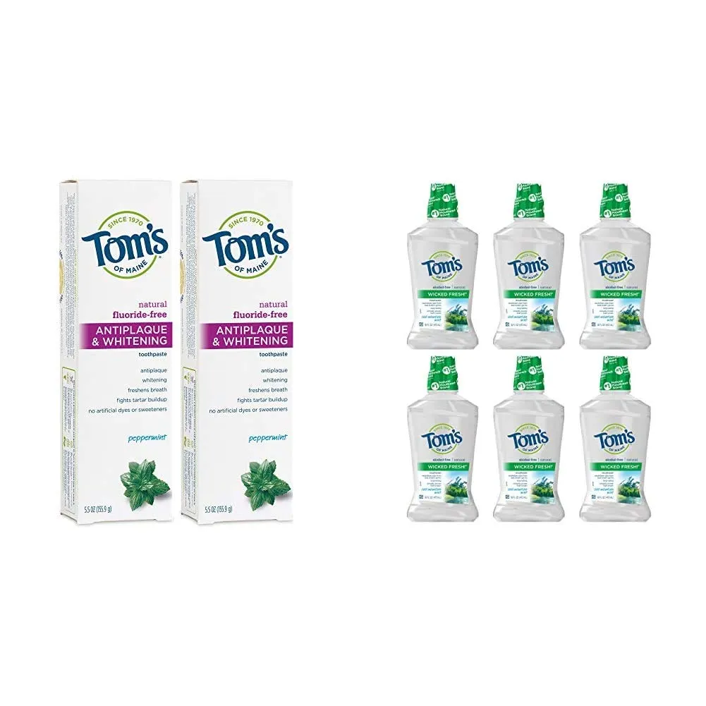 Tom's of Maine Fluoride-Free Antiplaque & Whitening Toothpaste, Whitening Toothpaste with Tom's of Maine Wicked Fresh! Mouthwash, Natural Mouthwash, Cool Mountain Mint, 16 Ounce, 6-Pack