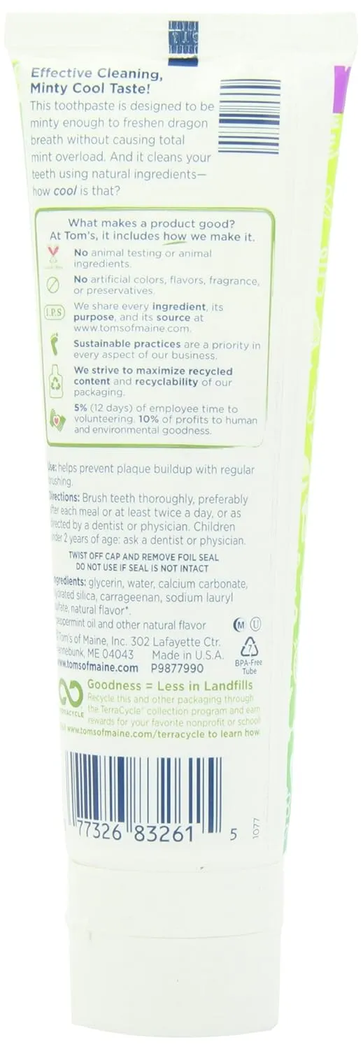 Tom's Of Maine Wicked Cool Mild Mint Kid's Toothpaste Fluoride Free, 4.2 Ounce