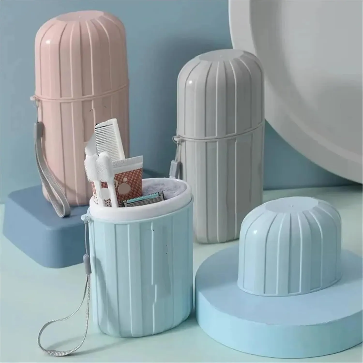 Travel Toothbrush Cups Couple Travel Mouthwash Cup Portable Cute Business Travel Essential with Lid Toothbrush Box Multi Functional Storage Set(Pink)