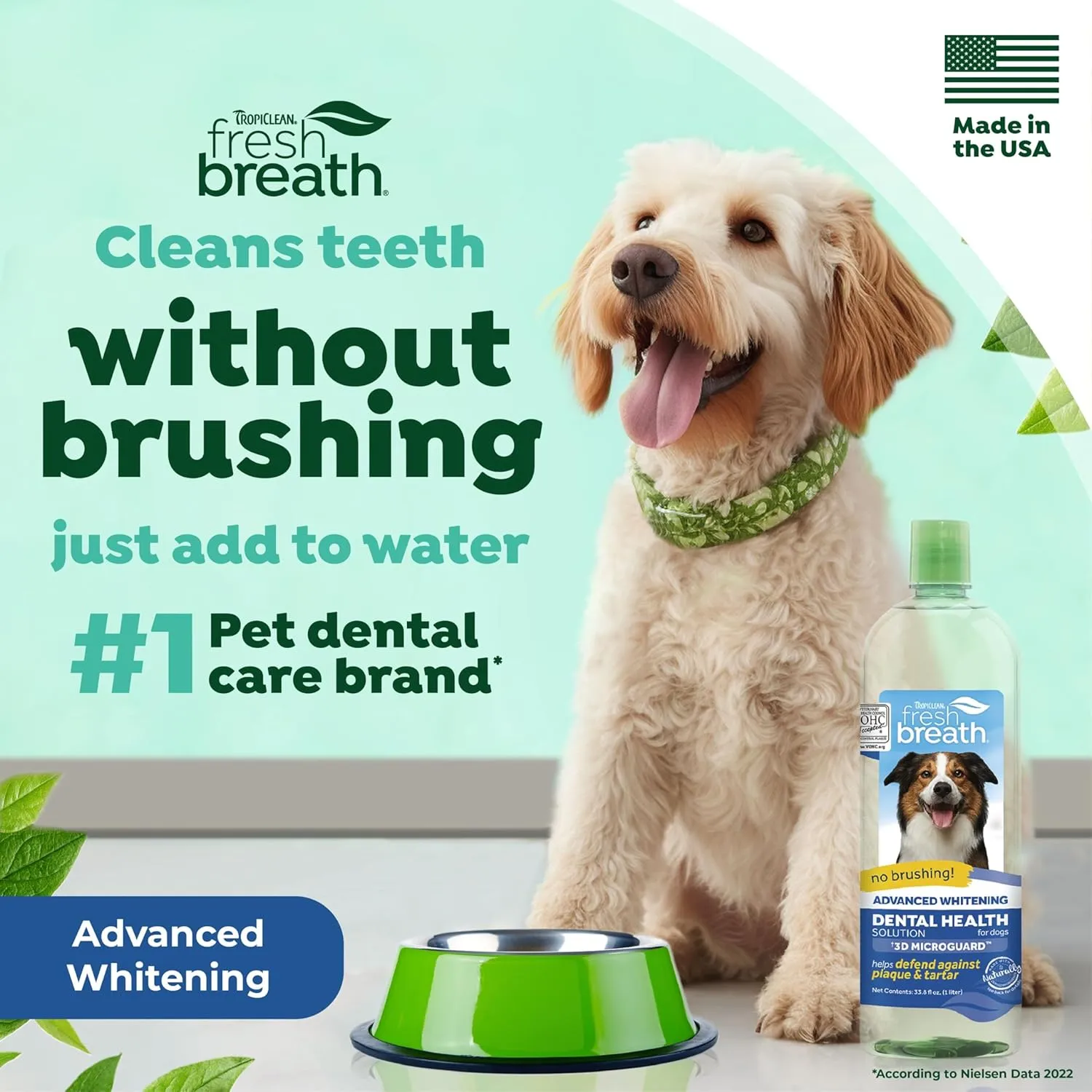 TropiClean Fresh Breath Advanced Whitening Water Additive for Dogs | Breath Freshener and Teeth Cleaning Solution | 3D MICROGUARD | 33.8oz