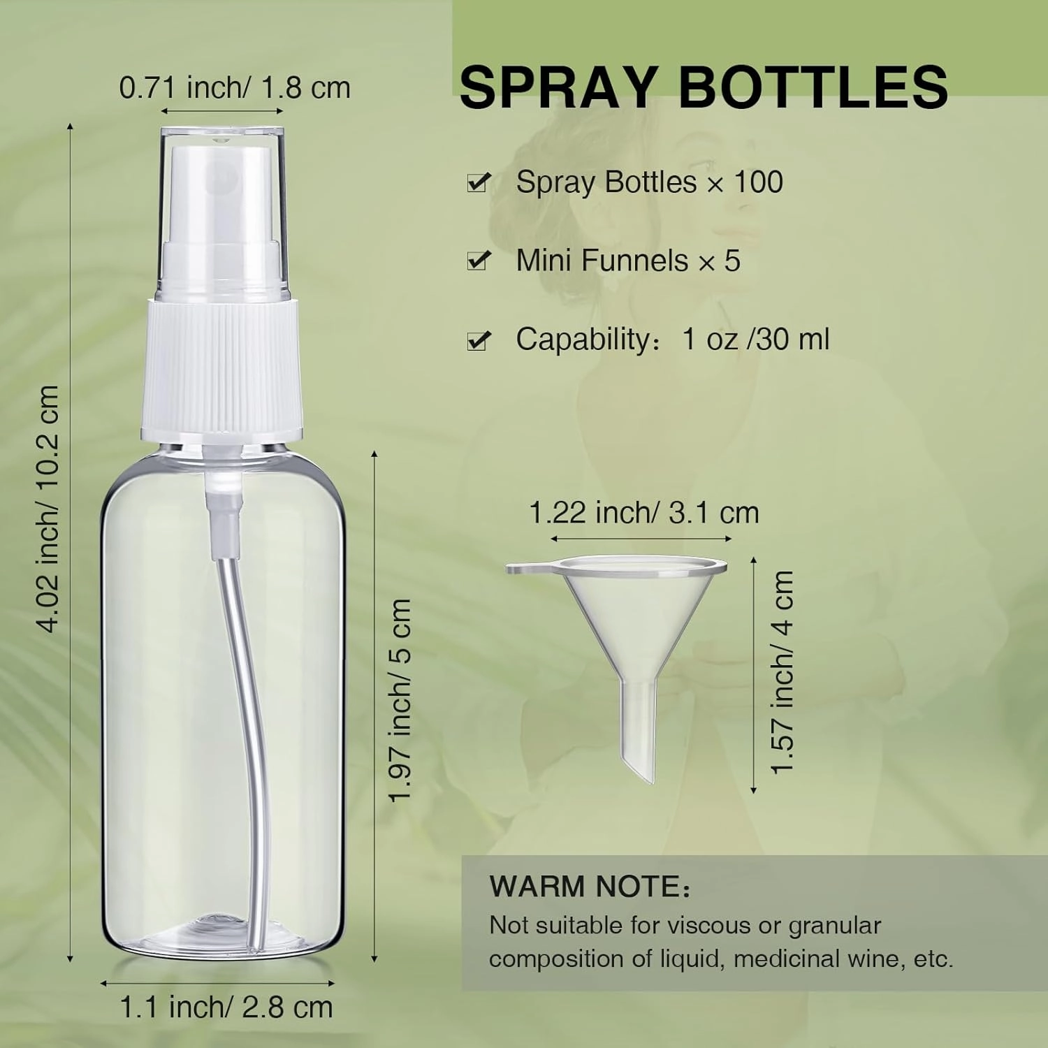 Uiifan 100 Pcs Mini Clear Spray Bottles 1 oz Small Empty Plastic Fine Mist Spray Bottles with Small Funnels for Essential Oils Travel Alcohol Perfumes