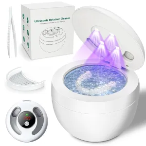 Ultrasonic Retainer Cleaner Machine 45kHz, UV Denture Cleaner with 4 Modes Digital Timer, Portable 200ML UltraSonic Cleaning Pod for Night Mouth Guard, Aligner, Braces, Toothbrush, Jewelry and More