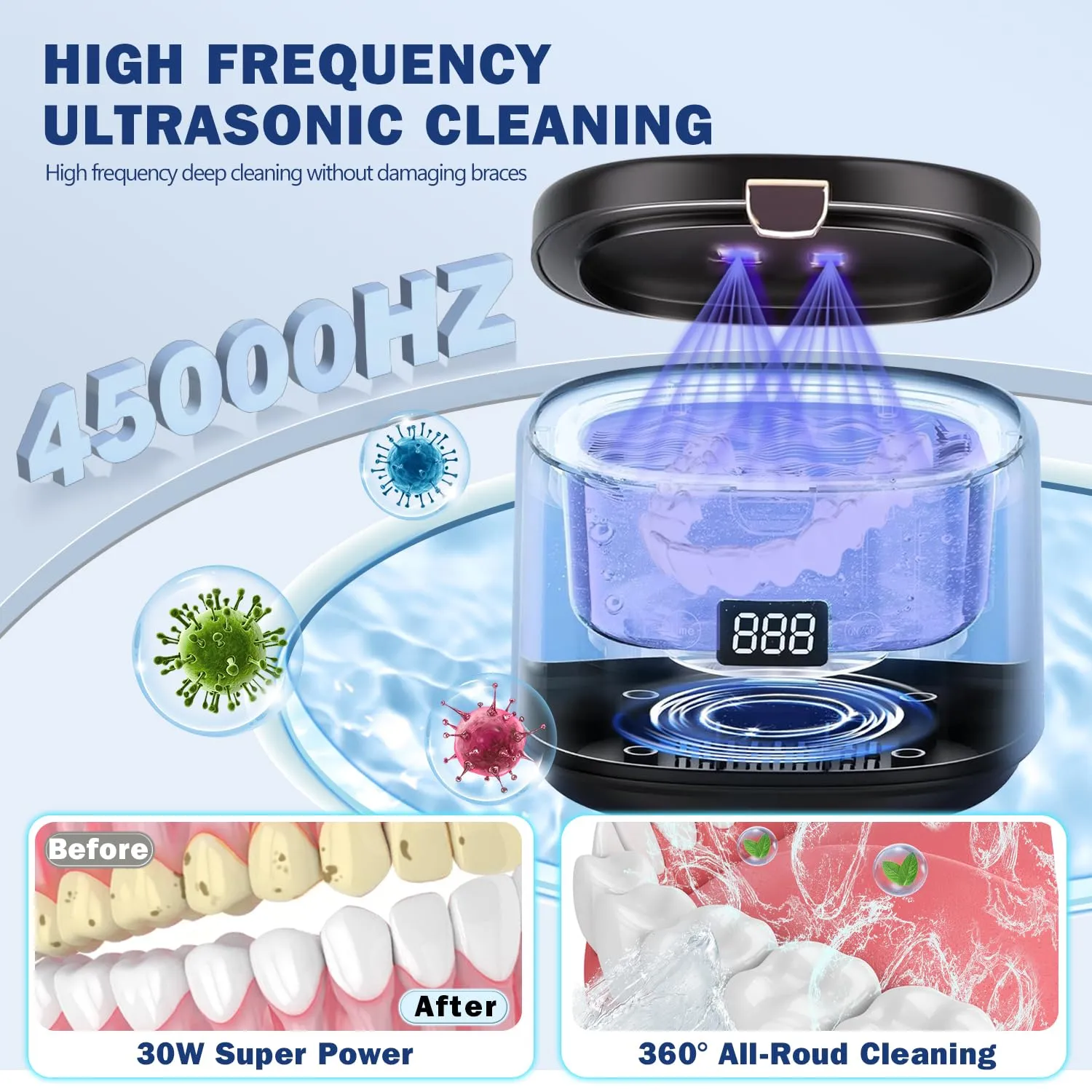 Ultrasonic Retainer Cleaner, Sonic Dental Cleaning U-V Machine for Dentures, Mouth Guard, Aligner, Toothbrush Head, Jewelry, All Dental Appliances, Portable 30W/45kHz (Black)