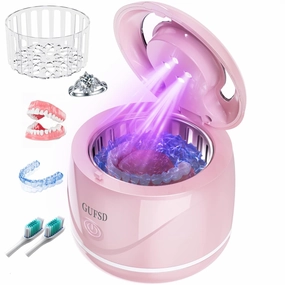Ultrasonic Retainer Cleaner, 180ML/45kHz Portable Ultrasonic Jewelry Cleaner, Quiet Operation Ultrasonic Cleaner Machine for All Dental Appliances,Dentures,Aligners,Mouth Guards,Night Guards (Pink)