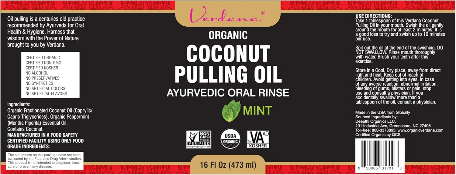 Verdana Organic Coconut Oil Pulling Rinse – 16 Fl Oz – Mint Flavor – USDA Organic, Kosher, Non-GMO – Alcohol & Fluoride Free – Ayurvedic Mouthwash for Fresh Breath, Healthy Gums & Teeth