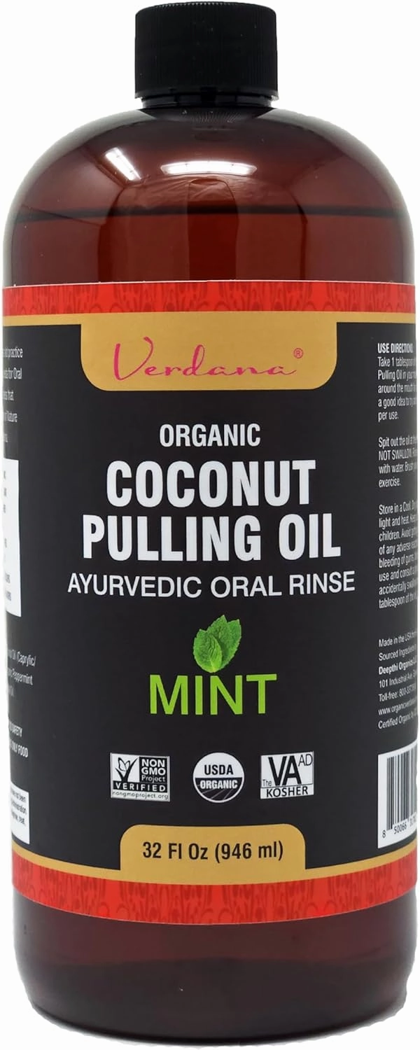 Verdana Organic Coconut Oil Pulling Rinse – Big 32 Fl Oz – Mint Flavor – USDA Organic, Kosher, Non-GMO – Alcohol & Fluoride Free – Ayurvedic Mouthwash for Fresh Breath, Healthy Gums & Teeth