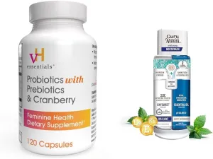 vH essentials Probiotics with Prebiotics and Cranberry Feminine Health Supplement - 120 Capsules (544-36) & GuruNanda Dual Barrel Oxyburst Whitening Mouthwash - 20 Fl Oz Bundle