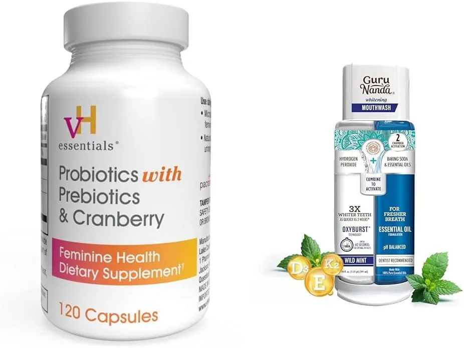 vH essentials Probiotics with Prebiotics and Cranberry Feminine Health Supplement - 120 Capsules (544-36) & GuruNanda Dual Barrel Oxyburst Whitening Mouthwash - 20 Fl Oz Bundle